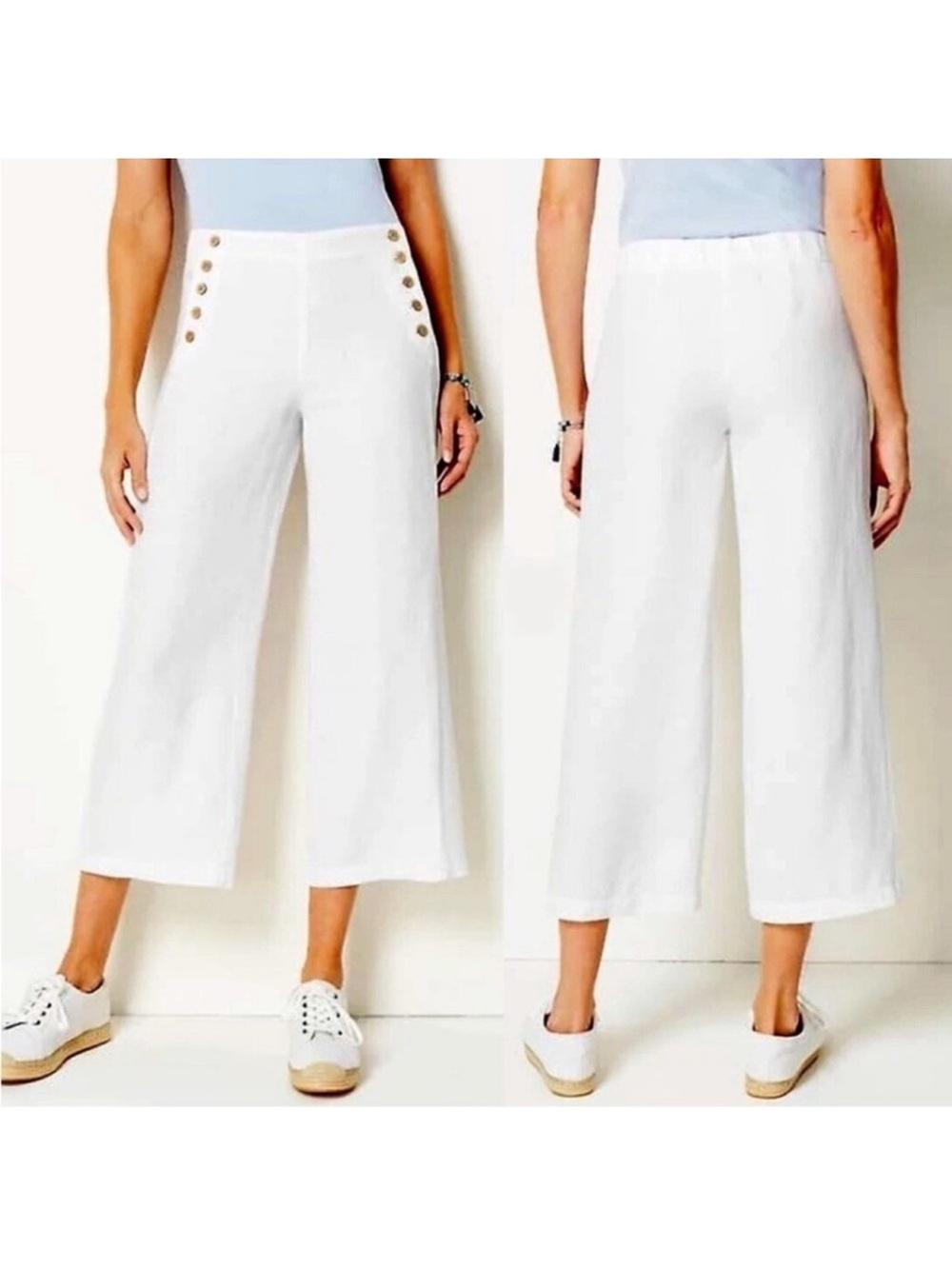 J. Jill White Linen Sailor Button Wide Leg Stretch Cropped Pants size 16 - Picture 1 of 5
